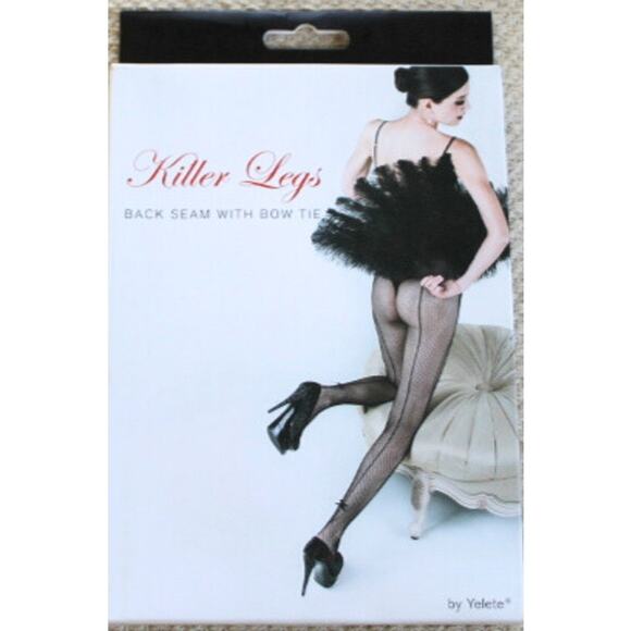 Killer Legs Black Fishnet Pantyhose with Back Seam and Bow Tie One Size New - Picture 6 of 8